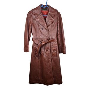 Vintage 70s Brown Double-Breasted Leather Trench Swing Coat Belted Womens S Mod